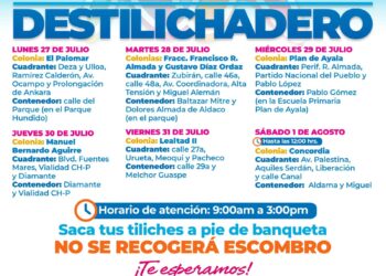 Estará Destilichadero en siete colonias del 27 de julio al 1 de agosto